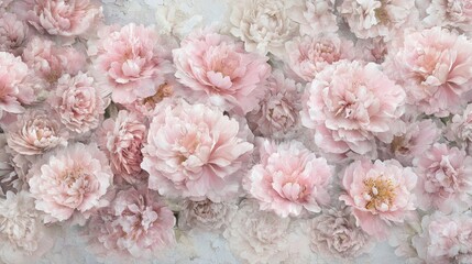Close-up view of lush pink peonies in soft pastel shades, creating an elegant and dreamy floral background with delicate details.