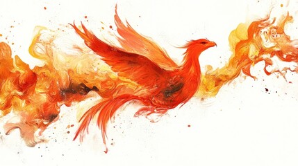 Vibrant phoenix artwork featuring a majestic bird bursting from flames with an explosion of fiery orange and red hues against a clean white backdrop.