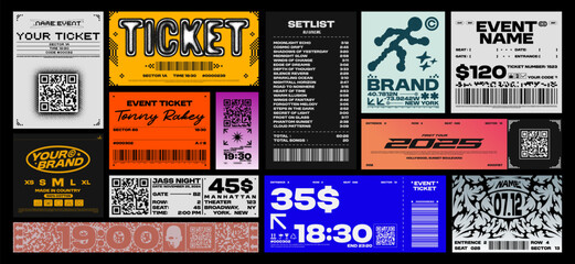 Brutalism label design pack. Futuristic assets for streetwear, event tickets and apparel branding, elements for music events. Retro Y2K and glitchcore aesthetics. Vector set