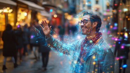 A man waving with a smile, surrounded by people, his body slowly dissolving into a holographic, digital blur.