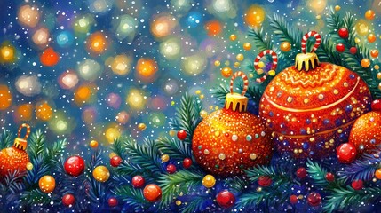 Christmas decoration card in red, yellow, green tones with balls