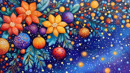 Festive Christmas-themed composition featuring two intricately painted ornaments in vibrant orange, pink, and blue tones with dotted patterns. Christmas card with flowers, balls and other decoration