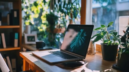 Laptop on Wooden Desk with Plants Illustration