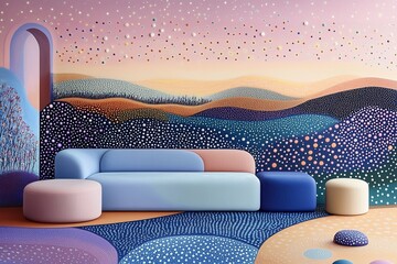Stylized modern living room interior with pastel tones and artistic design. The image features a contemporary sofa in soft pink and blue shades, complemented by uniquely shaped cushions and a matching