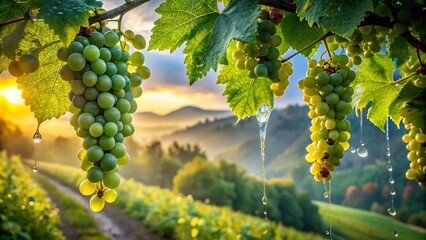 Lush Vineyard Scene with Ripe Wine Grapes Glistening in Morning Mist, Showcasing Nature&rsquo;s Bounty and the Beauty of Wine Country in a Serene Landscape
