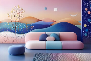 Stylized modern living room interior with pastel tones and artistic design. The image features a contemporary sofa in soft pink and blue shades, complemented by uniquely shaped cushions and a matching