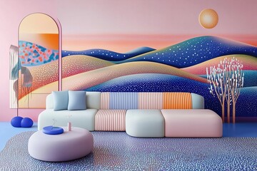Stylized modern living room interior with pastel tones and artistic design. The image features a contemporary sofa in soft pink and blue shades, complemented by uniquely shaped cushions and a matching