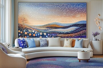 Stylized modern living room interior with pastel tones and artistic design. The image features a contemporary sofa in soft pink and blue shades, complemented by uniquely shaped cushions and a matching