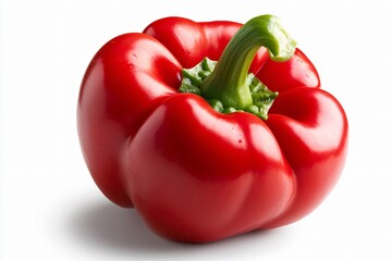 Fresh red bell pepper with green stem on white background. Bright organic vegetable, healthy ingredient for cooking. Natural produce for food menu, recipe design and grocery advertising