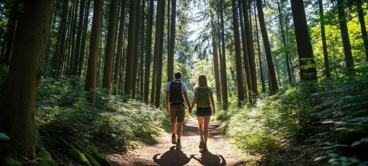 Couple Hiking Through Sunlit Forest Trail