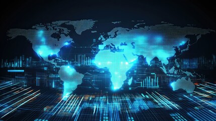 A high-tech global map overlaid with luminous data points and holographic graphs; 3D visualization, blue neon and white contrasts, sharp details