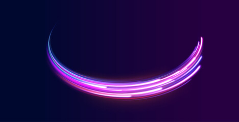 Light arc in neon colors, in the form of a turn. Magic bright shine glow of energy lines, shiny swirl power waves flow, electric trail glowing in dark. Abstract neon light motorway background. 