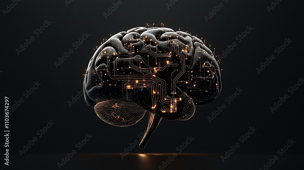 Poster illuminated circuitry within a 3d human brain model.