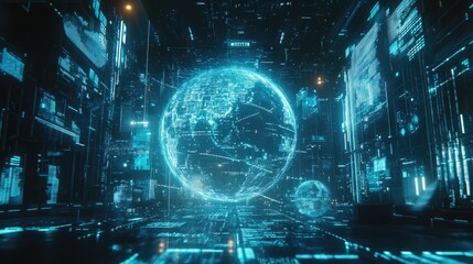 A high-tech global map overlaid with luminous data points and holographic graphs; 3D visualization, blue neon and white contrasts, sharp details