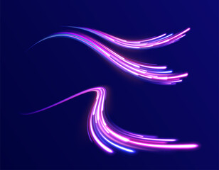 Magic bright shine glow of energy lines, shiny swirl power waves flow, electric trail glowing in dark. Abstract neon light motorway background. Light arc in neon colors, in the form of a turn. 