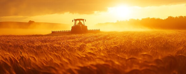 Fototapeta premium A golden wheat field being harvested at sunset, with a tractor in the background, casting long shadows and bathed in the warm, orange light of the setting sun