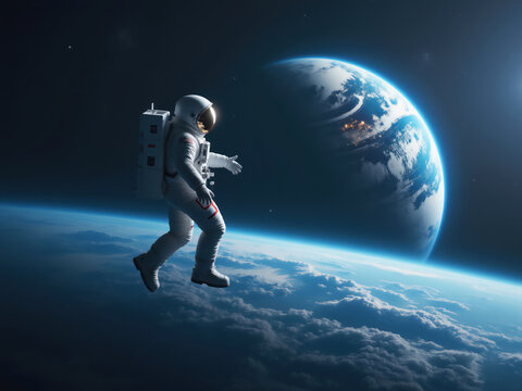 Astronaut performing spacewalk with planet earth in view - Powered by Adobe