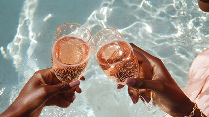 Three female hands, one female has gold tasteful jewelry, the other female has silver jewelry, the third female has a long blouse and is african, cheers delicate pink champagne glasses over a sunlit.