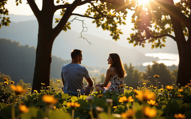 Young couple enjoying golden hour sunset in a meadow with yellow flowers