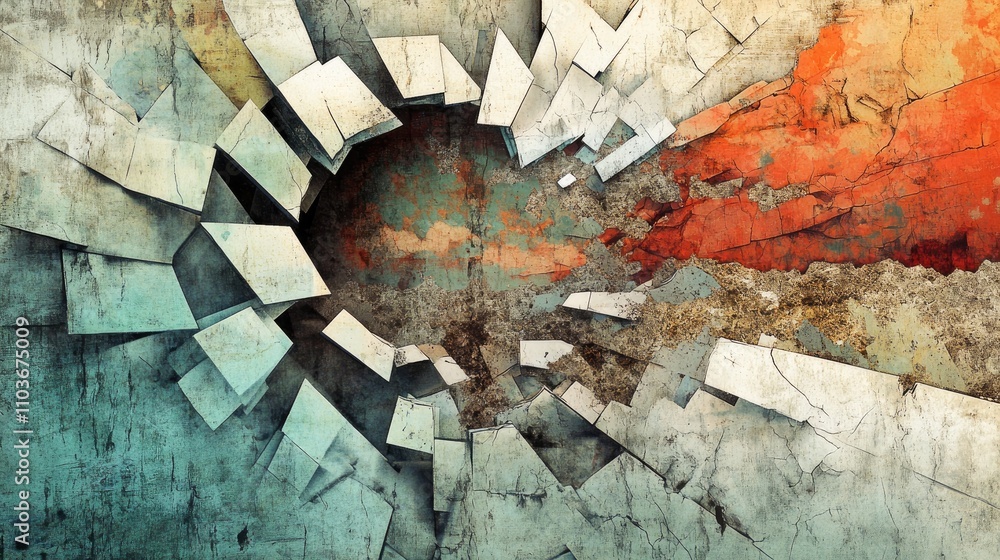 Poster geometric patterns with cracked surface and dynamic color decomposition in abstract art design