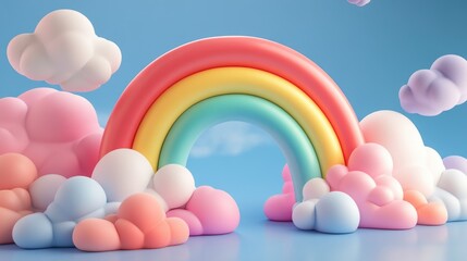 Colorful 3D Cartoon Rainbow with Fluffy Pastel Clouds Featuring a whimsical rainbow arch with soft pastel shades, surrounded by playful, fluffy clouds against a light blue backdrop.