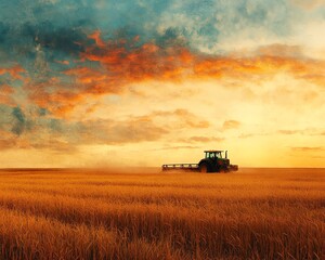 Fototapeta premium A tractor harvesting wheat in a golden field at sunset, with the sky painted in warm hues, symbolizing the hard work and beauty of the harvest season