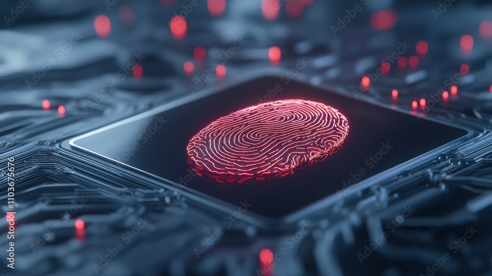 Poster digital fingerprint on circuit board with red lights and technology elements
