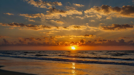 Naklejka premium sunset, sunrising, twilight, morning, beach, dawn, golden, daybreak, beach, clouds, sky, sunflowers, water, river