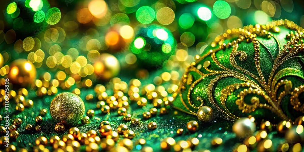 Poster luxurious green and gold background with intricate macro details for elegant design and decorative u