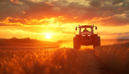 Fototapeta premium A tractor harvesting wheat in a sunlit field at sunset, with warm light enveloping the scene, creating a nostalgic and tranquil moment of agricultural work