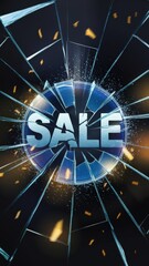 Shattered glass promoting big sale event with falling particles