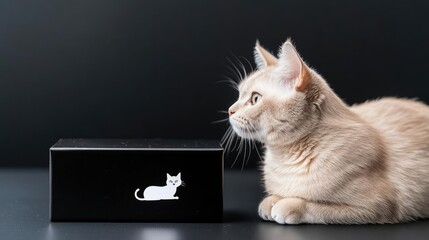 Minimalist black packaging for premium cat food, with silver foil lettering, and a single elegant...