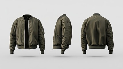Olive Green Bomber Jacket Displayed From Multiple Angles