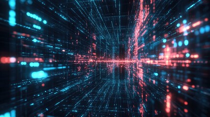 Futuristic digital landscape with vibrant blue and red data streams illustrating the impact of emerging technologies on business processes.