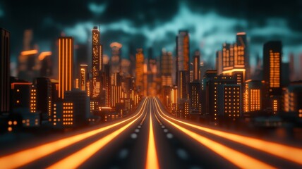 A futuristic cityscape with glowing orange lights and a highway, set against a dramatic, cloudy sky.