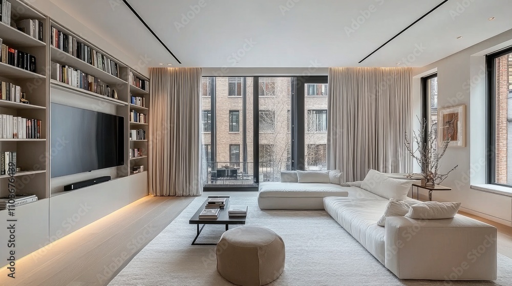 Poster Minimalist living room showcasing a simple bookshelf filled with curated decor, bright and clean space with a focus on functionality