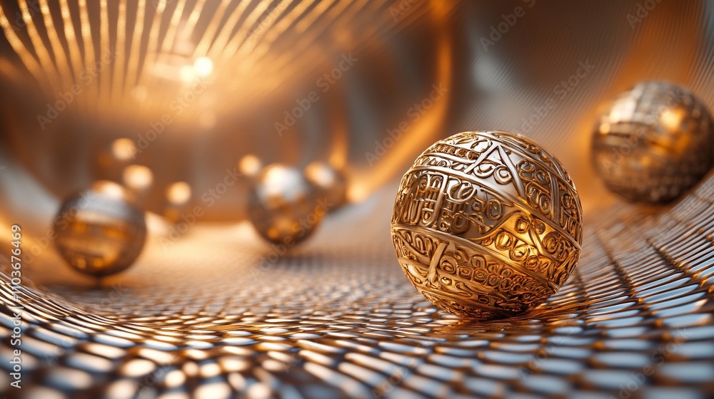 Poster golden spheres with etched patterns roll on a metallic surface inside a glowing tunnel.
