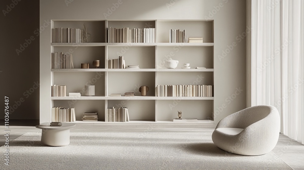 Poster Minimalist living room showcasing a simple bookshelf filled with curated decor, bright and clean space with a focus on functionality