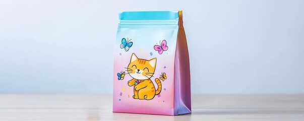 Rainbow-themed cat food bag with gradient effects, playful fonts, and a cheerful cartoon cat chasing butterflies