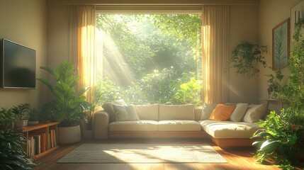 Fototapeta premium Bright and Airy Living Room with Lush Green Plants and Natural Light