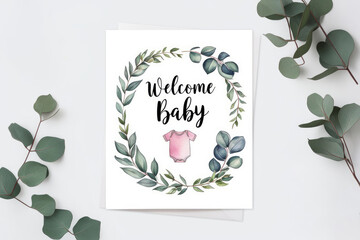 Watercolor illustration card welcome baby with eucalyptus frame, toys. Isolated on white background. Hand drawn clipart. Perfect for card, postcard, tags, invitation. AI generated