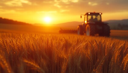 Fototapeta premium A wheat field at sunset, with a tractor in the background, harvesting golden crops under the soft, warm light of the setting sun, evoking a sense of peaceful labor