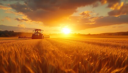 Fototapeta premium A wheat field at sunset, with a tractor in the background, harvesting golden crops under the soft, warm light of the setting sun, evoking a sense of peaceful labor