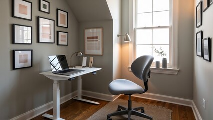 Ergonomic desk setup Compact home office desk in cozy corner with natural light.