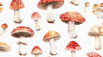 Fly agaric mushrooms in vibrant watercolor on white background, showcasing their distinct red caps and white spots, perfect for floral designs in various applications.