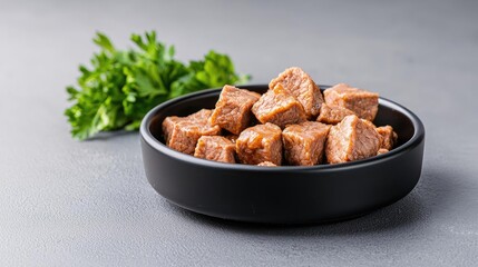 Appetizing chunks of moist beef cat food, served in a modern matte black bowl with elegant presentation