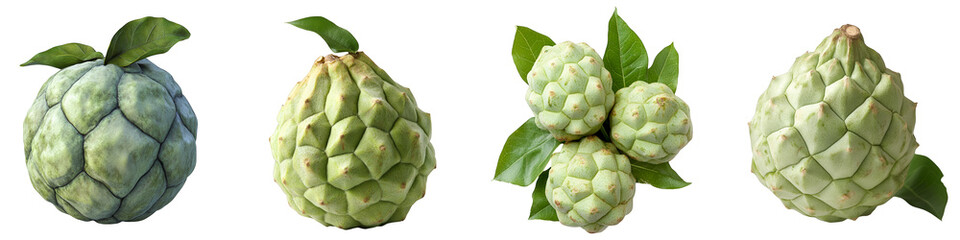 Fototapeta premium green cherimoya fruits with leaves showcasing organic freshness transparent background