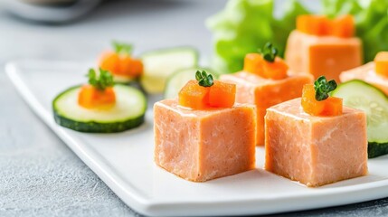 Close-up of appetizing chicken pate for cats, cut into cubes, and paired with crunchy vegetable garnishes