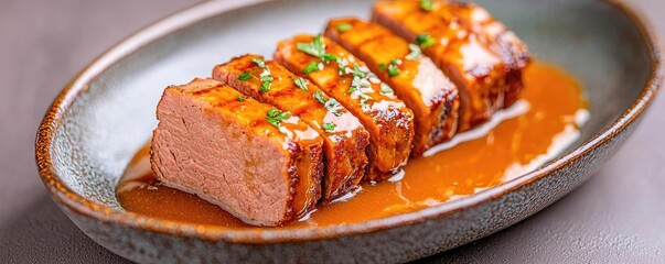 Close-up of a juicy slice of cat pate, glistening with a rich gravy sauce, arranged on a ceramic dish