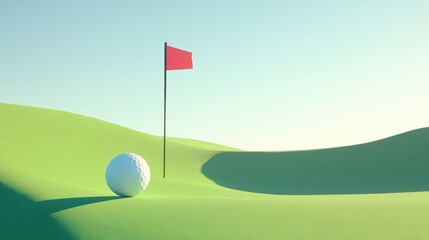 Obraz premium Golf ball approaching hole on lush green course with a bright red flag against a clear blue sky, highlighting a peaceful golfing atmosphere.